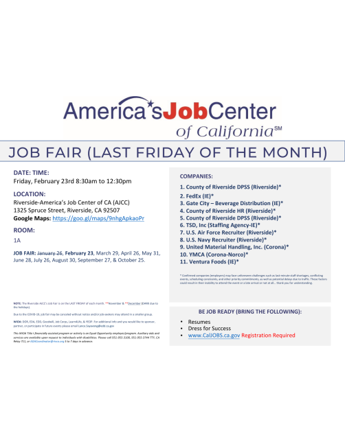 Riverside AJCC JOB FAIR Riverside County Workforce Development